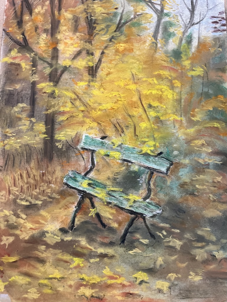 podzimní krajina, lavička - kresba, pastel