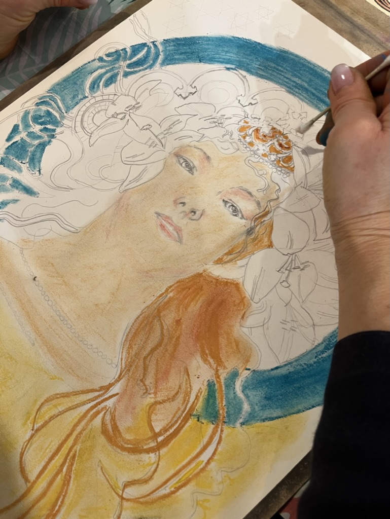 téma secese, Mucha - kresba, pastel