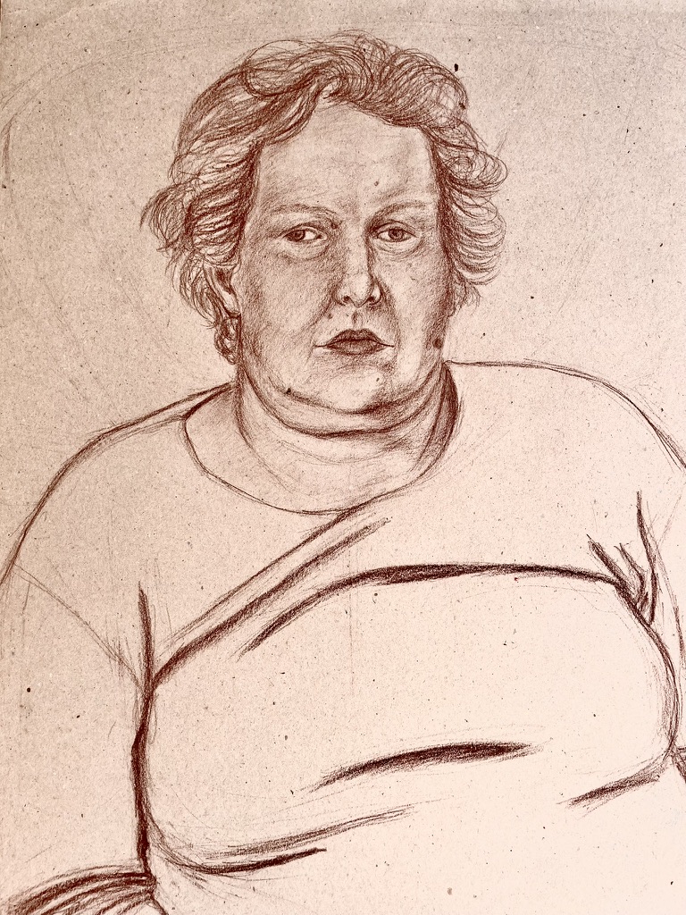 portrét, kresba rudkou