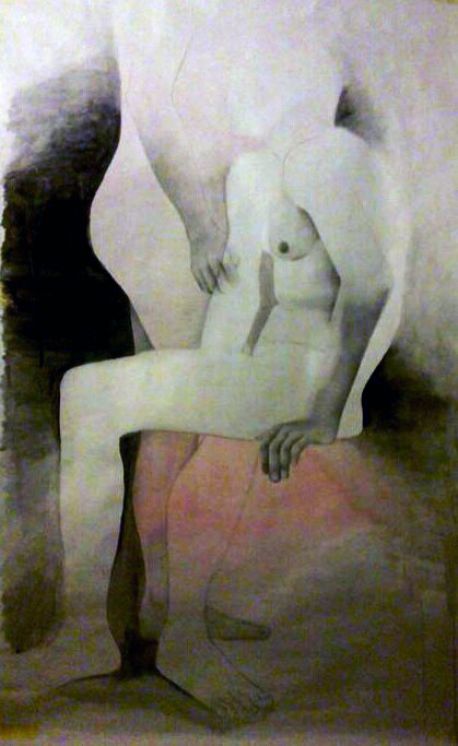 vtelenie - figurální kresba, kombinovaná technika s malbou