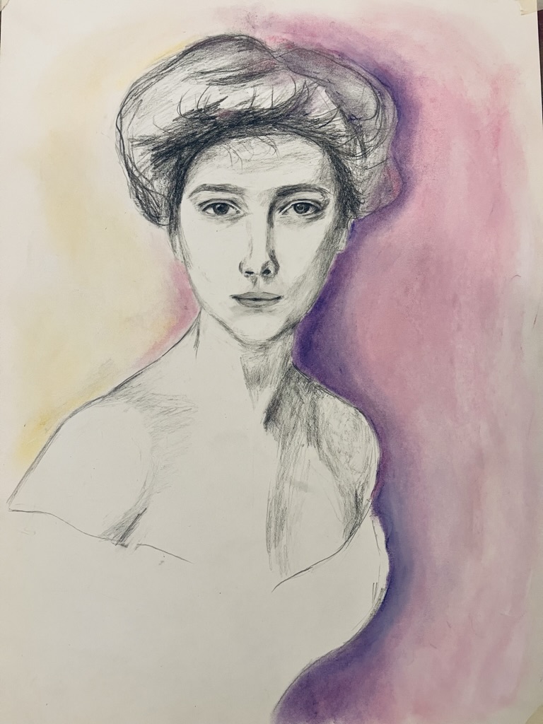 paní v ružovém - kresba, pastel