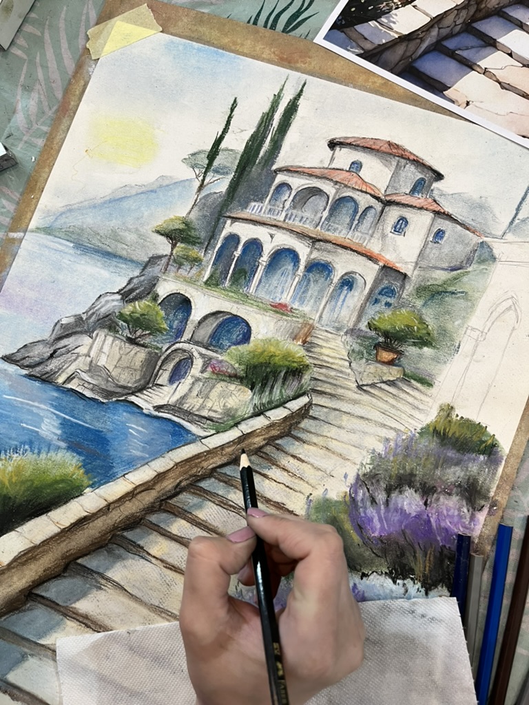 krajina u moře - kresba, pastel